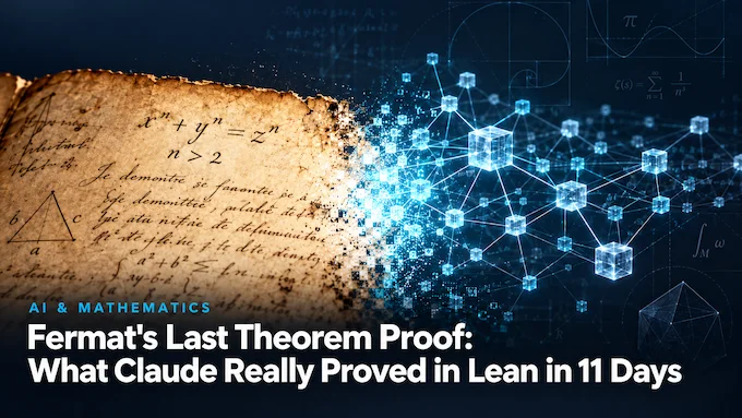 Fermat's Last Theorem Proof shown as an ancient equation transforming into a glowing digital proof network