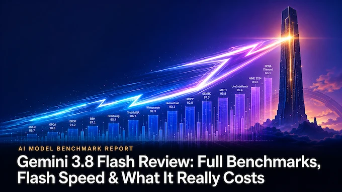 Gemini 3.8 Flash review cover art with a glowing lightning bolt racing past a benchmark data tower