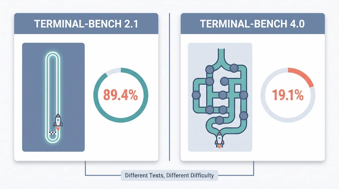 Infographic comparing Gemini 3.8 Flash scores on Terminal-Bench 2.1 versus Terminal-Bench 4.0