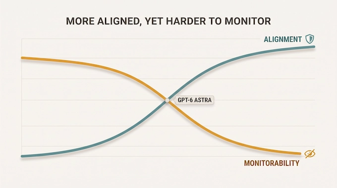 Infographic showing GPT-6 Astra's rising alignment score against its declining monitorability