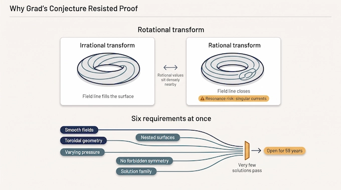 Infographic comparing rational and irrational field-line winding, a key obstacle in Grad's Conjecture