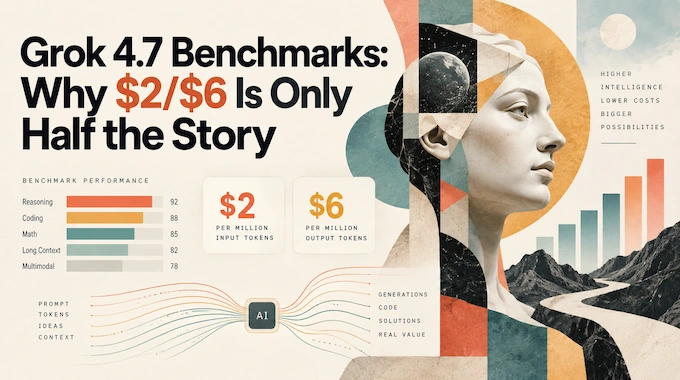Grok 4.7 benchmarks feature image showing a price tag above a hidden iceberg of compute costs.
