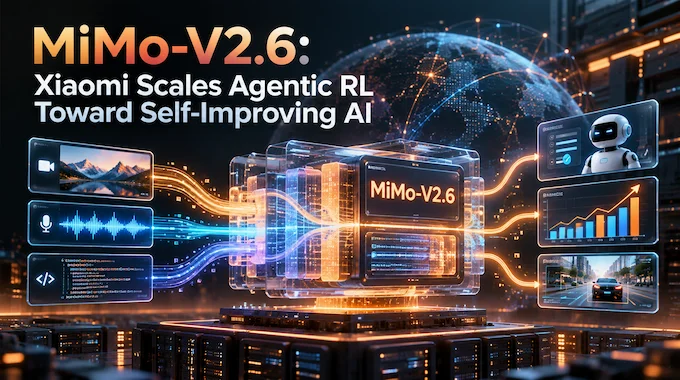 MiMo-V2.6 self-improving AI concept image with a glowing reinforcement learning feedback loop