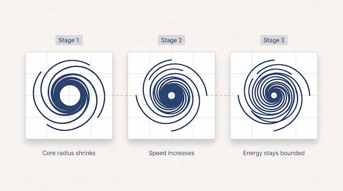 Infographic explaining the Navier Stokes problem vortex blowup mechanism across three sequential stages