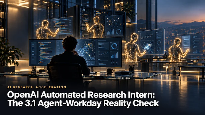 OpenAI Automated Research Intern concept showing one researcher directing multiple parallel AI agents in a lab