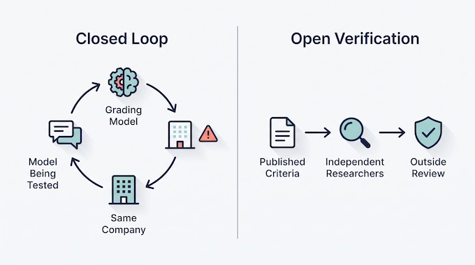 OpenAI MentalHealthBench infographic comparing closed-loop grading with independent outside verification
