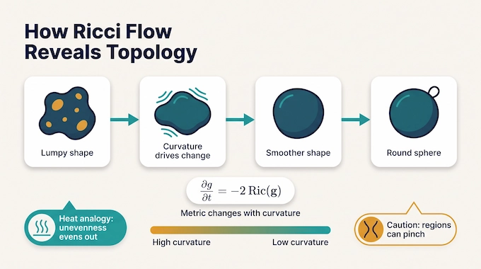 Poincare Conjecture infographic showing Ricci flow smoothing a lumpy shape into a round sphere