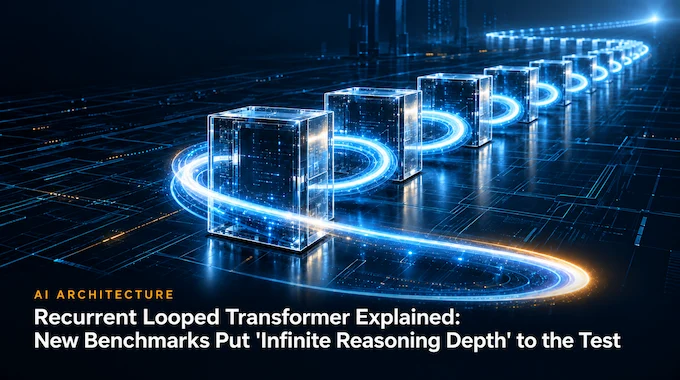 Recurrent Looped Transformer explained through a glowing infinite loop of AI processing blocks