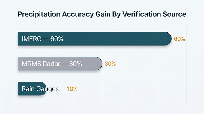 Infographic comparing WeatherNext 3 precipitation accuracy gains across IMERG, MRMS, and rain gauge data.
