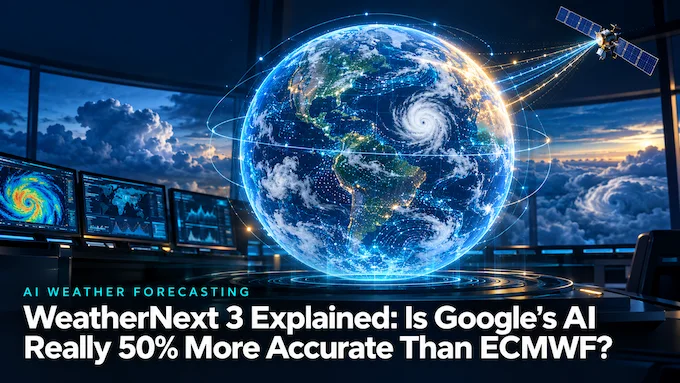 WeatherNext 3 magazine-style cover image representing Google's AI weather forecasting breakthrough.