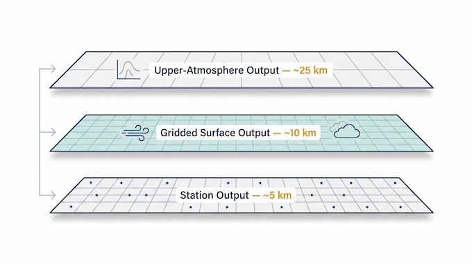 Infographic showing WeatherNext 3's three output resolutions: 5 km station, 10 km surface, 25 km upper atmosphere.