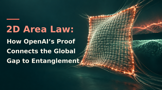 2D area law artwork linking a glowing lattice boundary with the global spectral gap.