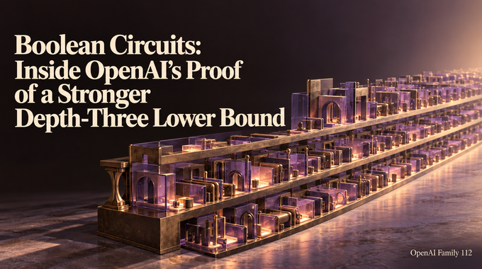 Boolean circuits depicted as three shallow logic terraces expanding sideways, illustrating OpenAI’s stronger lower bound.