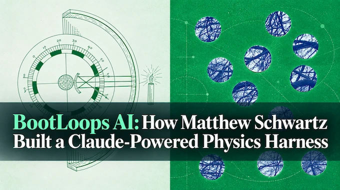BootLoops AI harness frame holding a glowing model core wired to scientific instruments