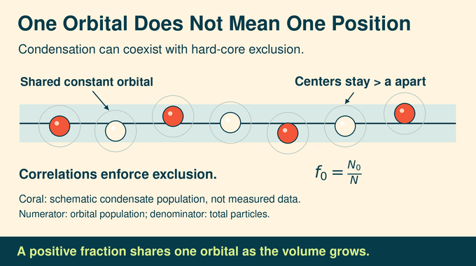 Bose Einstein condensation proof: shared orbital occupation coexists with hard-core exclusion.