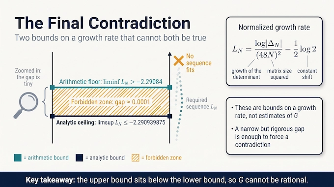 Catalan’s constant infographic showing an analytic ceiling below an arithmetic floor, forcing a contradiction