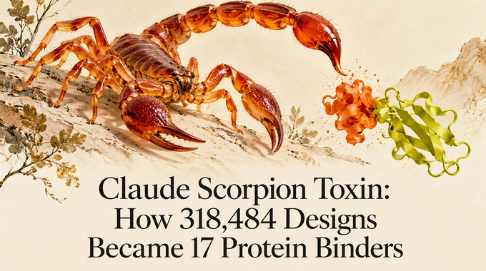 Claude Scorpion Toxin artwork showing an amber scorpion and a designed protein binding a toxin.