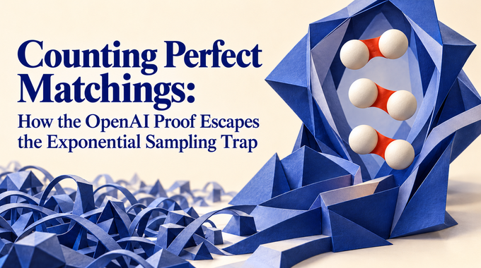 Counting perfect matchings shown as three paired sculptures escaping an ultramarine sampling trap.