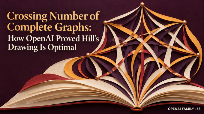 Crossing number of complete graphs shown as interlaced paper ribbons rising from an open book.