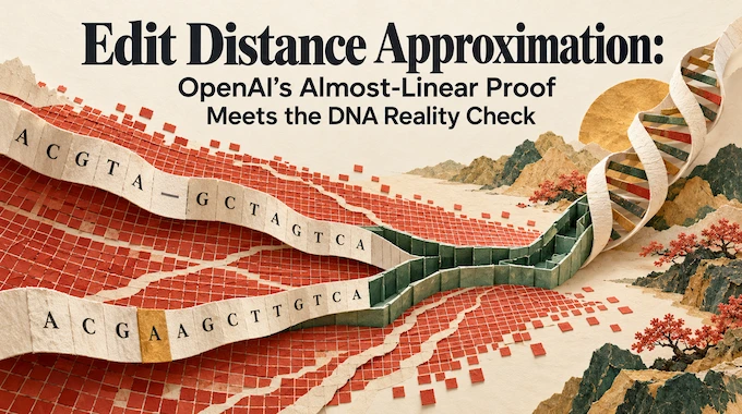 Edit distance approximation concept: glowing DNA strands crossing a grid with a narrow light path