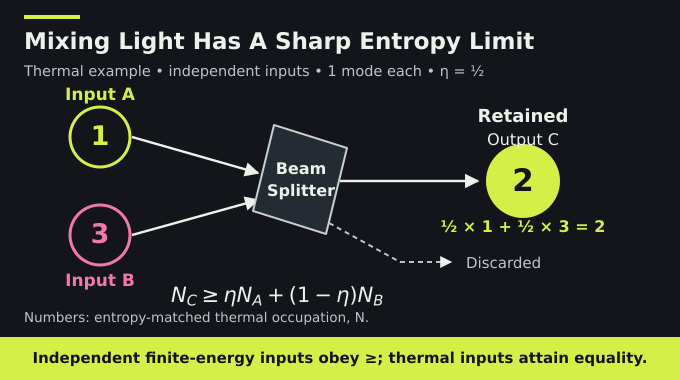 	Entropy photon number inequality diagram: independent thermal inputs of one and three mix to give two.