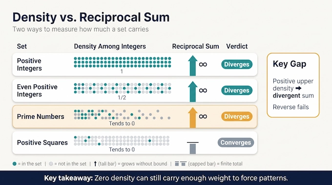 Erdős–Turán conjecture infographic comparing density and reciprocal sums for integers, evens, primes and squares
