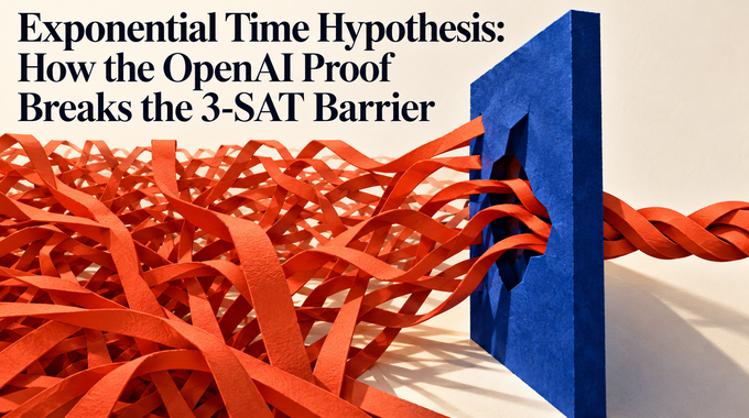 Exponential time hypothesis artwork showing branching ribbons crossing a cobalt barrier and emerging as a compact braid.