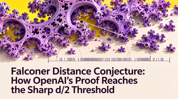 Falconer Distance Conjecture artwork linking violet fractal points to pairwise distance marks.