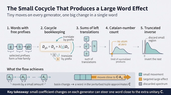 Infographic on the free group factor isomorphism problem showing small generator shifts building a large word change