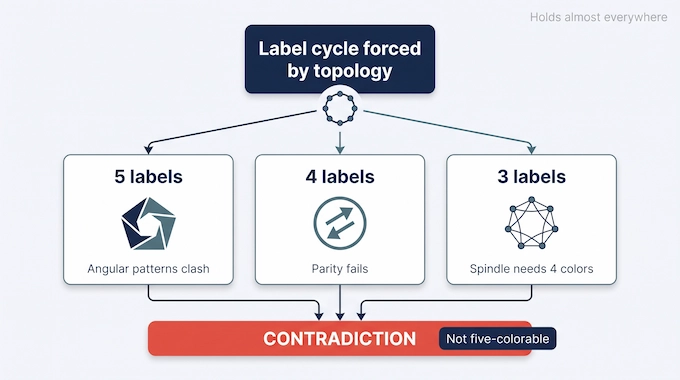 Hadwiger–Nelson Problem proof flow showing five, four and three label cycles ending in contradiction