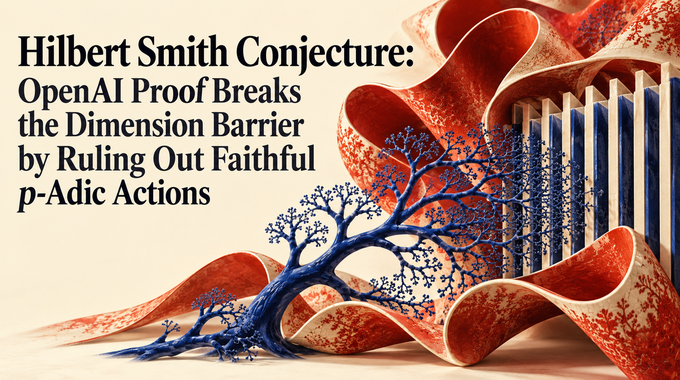 Hilbert Smith conjecture artwork: p-adic branches meet a fixed lattice beside a folded manifold.