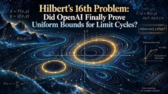 Glowing limit cycle ring under a ceiling line, visualizing Hilbert’s 16th Problem and OpenAI’s uniform bound claim
