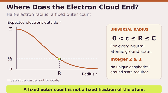 Ionization Conjecture half-electron radius: expected exterior count crosses one-half at radius R.