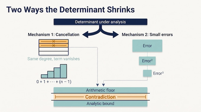 Infographic showing the irrationality exponent of pi proof squeezing a determinant between two limits