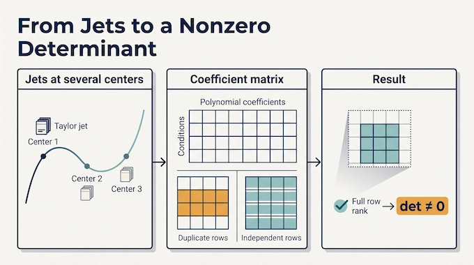 Diagram of the irrationality exponent of pi proof showing interpolation building a nonzero determinant matrix