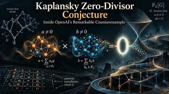 Two glowing graphs multiplying to zero, illustrating the Kaplansky Zero-Divisor Conjecture counterexample