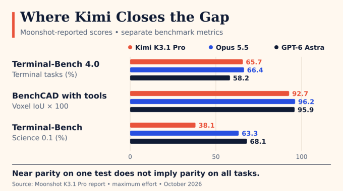 Kimi K3.1 Pro, Claude Opus 5.5 and GPT-6 Astra compared on terminal tasks, CAD and scientific workflows.
