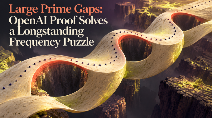 Large prime gaps represented by recurring chasms in a sculptural ribbon, with the full article title.