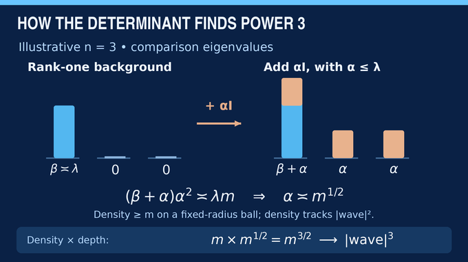 Local smoothing conjecture diagram showing how a rank-one determinant produces the critical power three.
