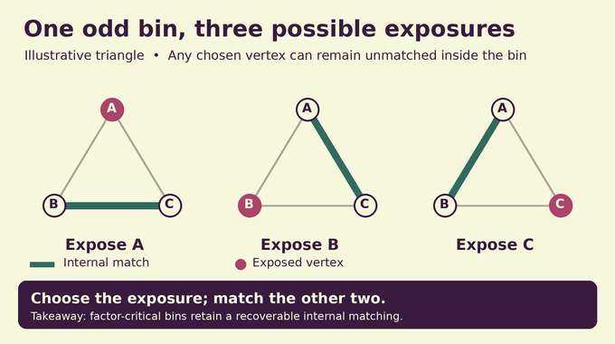Maximum cardinality matching diagram showing a triangle bin exposing any vertex while matching the other two.