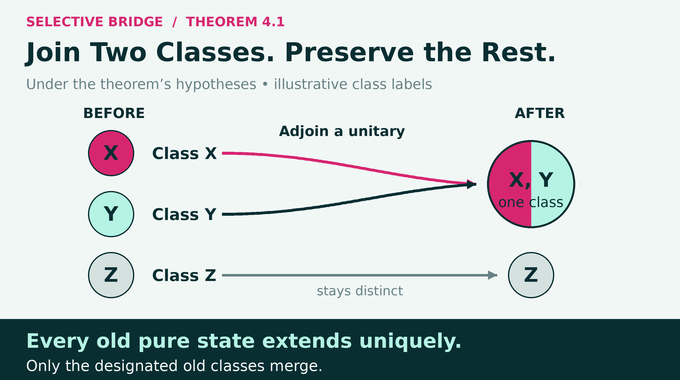 Naimark problem ZFC selective bridge merges two old classes while keeping other old classes distinct.