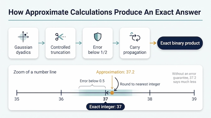 OpenAI integer multiplication infographic showing an approximate value rounded to an exact integer