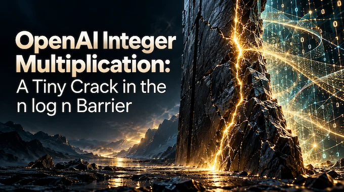 OpenAI integer multiplication concept: a glowing hairline crack splitting a vast n log n barrier wall