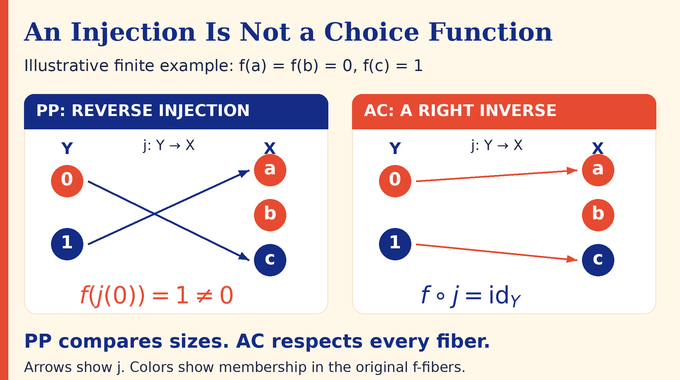 Partition Principle vs Axiom of Choice: reverse injections compared with fiber-respecting right inverses.