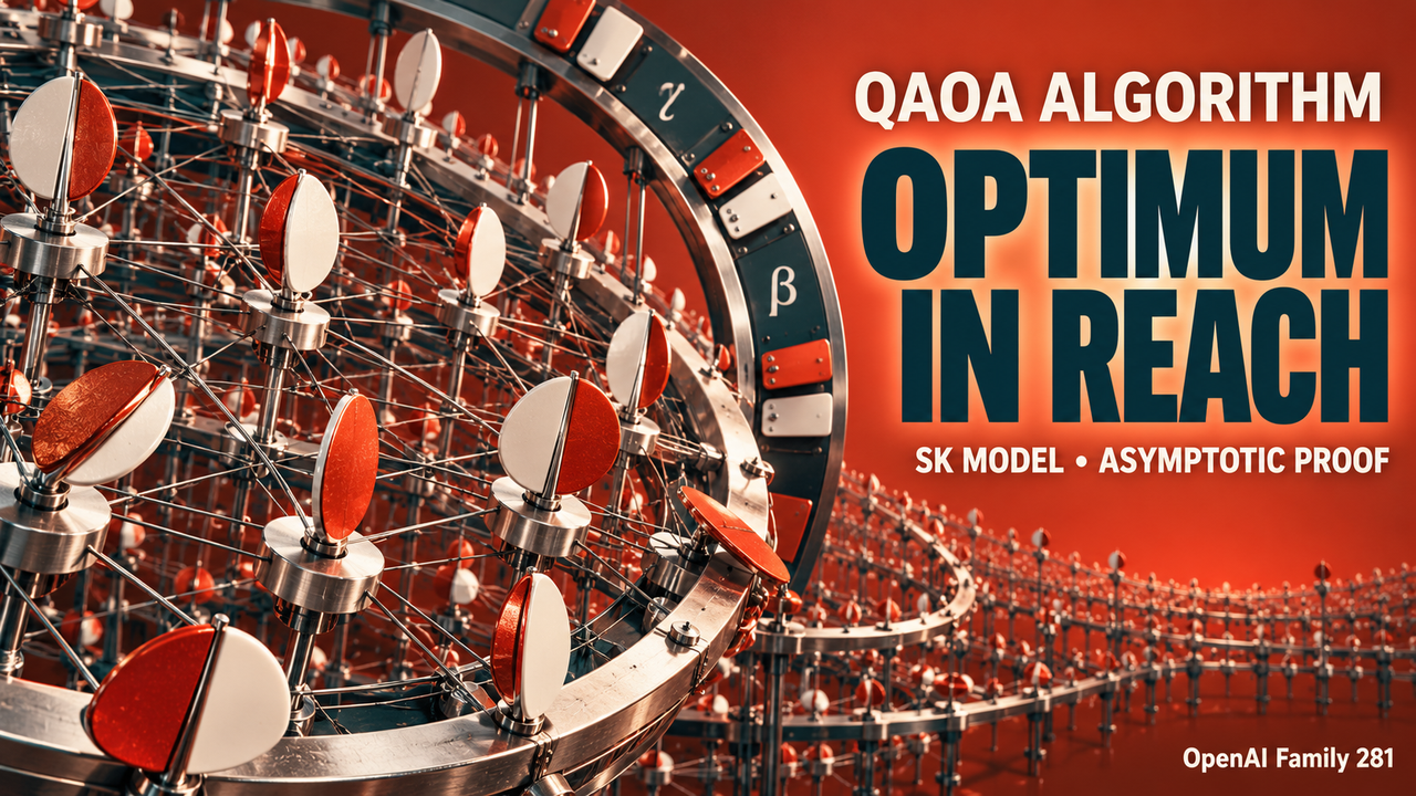 QAOA algorithm artwork showing interacting binary spins and alternating controls approaching the SK optimum.