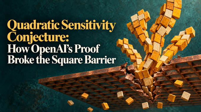 Quadratic sensitivity conjecture artwork: grouped tiles breaking a copper square barrier.