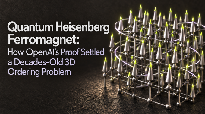 Quantum Heisenberg ferromagnet artwork showing collective spin order and the full article title.