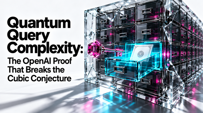 Quantum query complexity illustrated by a hidden certificate unlocked inside a fractured glass archive.