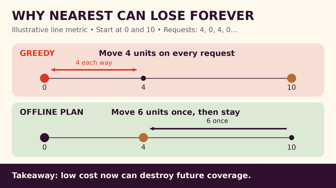 Randomized k server problem example comparing repeated greedy movement with a single offline move.
