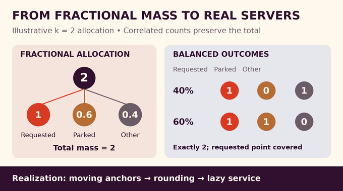 Randomized k server problem diagram showing correlated rounding that preserves two servers and request coverage.